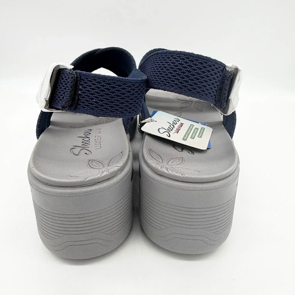 Skechers Pier-Lite Night Owl Navy Wedge Sandals 11 163433/NVY Vegan New